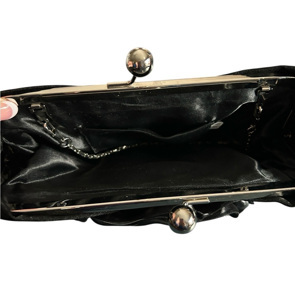 Black Satin Evening Bag with Gray Satine Fabric Flower and Chain - Picture 5 of 6